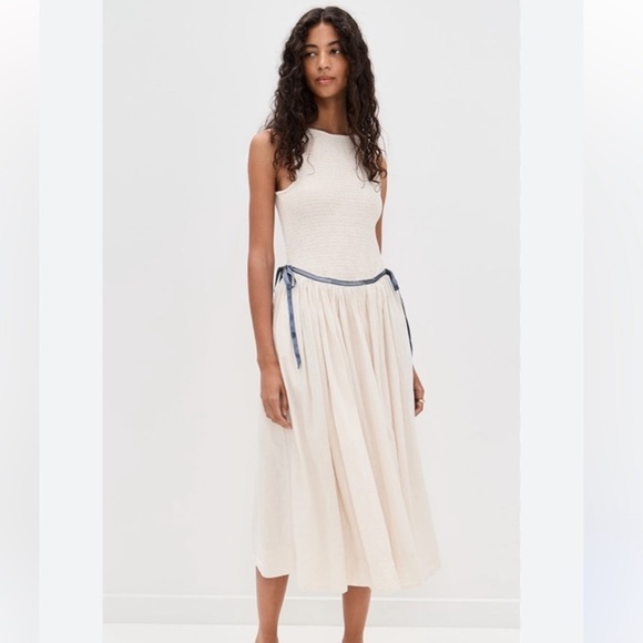 Free People Smocked Nightingale Solid Midi Dress Tea Navy Combo Cream Ivory, XL - Picture 1 of 8